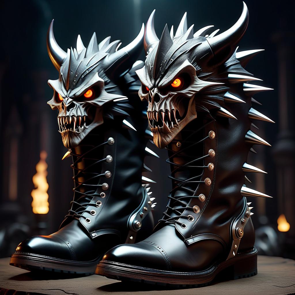  macabre style Two monsters in the form of boots with sharp spikes and electric charges. Источник: Ответ налицо . dark, gothic, grim, haunting, highly detailed hyperrealistic, full body, detailed clothing, highly detailed, cinematic lighting, stunningly beautiful, intricate, sharp focus, f/1. 8, 85mm, (centered image composition), (professionally color graded), ((bright soft diffused light)), volumetric fog, trending on instagram, trending on tumblr, HDR 4K, 8K