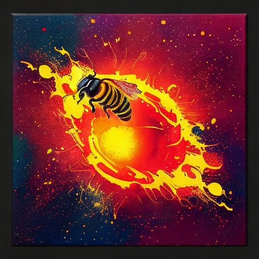  colorful fire supernova exploding color flames grenade explosion making the shape of a realistic honey bee, high contrast explosion against black background, splatter painting, dynamic pose, broad strokes; mixed media alcohol ink watercolor, dynamic lighting, dramatic scene, album cover art; maximalism,