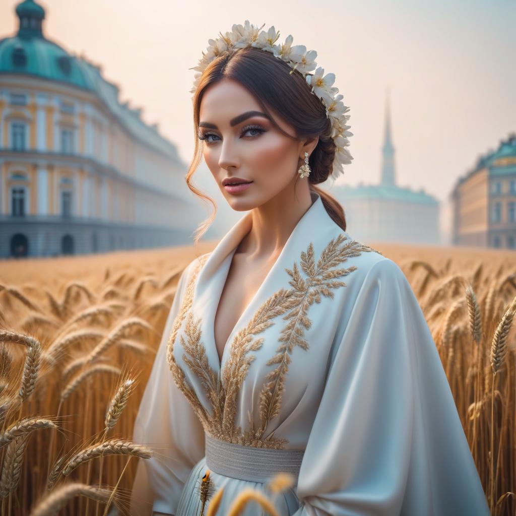  wheat in blooming Saint Petersburg hyperrealistic, full body, detailed clothing, highly detailed, cinematic lighting, stunningly beautiful, intricate, sharp focus, f/1. 8, 85mm, (centered image composition), (professionally color graded), ((bright soft diffused light)), volumetric fog, trending on instagram, trending on tumblr, HDR 4K, 8K