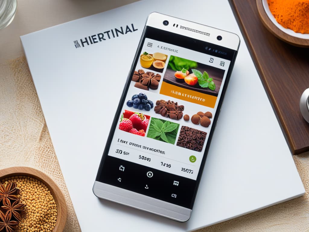  An ultradetailed image of a sleek, modern smartphone displaying a beautifully designed app interface with vibrant, highquality images of organic and artisanal ingredients like farmfresh berries, handcrafted chocolates, and exotic spices. The app's layout is clean and intuitive, with elegant typography and userfriendly icons that convey a sense of professionalism and sophistication. Each ingredient is showcased in exquisite detail, highlighting their natural textures and vibrant colors to inspire users in their culinary adventures. hyperrealistic, full body, detailed clothing, highly detailed, cinematic lighting, stunningly beautiful, intricate, sharp focus, f/1. 8, 85mm, (centered image composition), (professionally color graded), ((bright soft diffused light)), volumetric fog, trending on instagram, trending on tumblr, HDR 4K, 8K