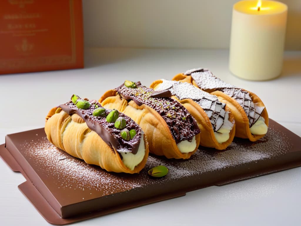  A closeup, ultradetailed image of a freshly made cannoli Siciliano, showcasing the crispy pastry shell filled with creamy ricotta cheese filling, dusted with powdered sugar, and garnished with chopped pistachios and chocolate shavings. The image captures the intricate layers and textures of the dessert, highlighting its traditional and delicious appeal. hyperrealistic, full body, detailed clothing, highly detailed, cinematic lighting, stunningly beautiful, intricate, sharp focus, f/1. 8, 85mm, (centered image composition), (professionally color graded), ((bright soft diffused light)), volumetric fog, trending on instagram, trending on tumblr, HDR 4K, 8K