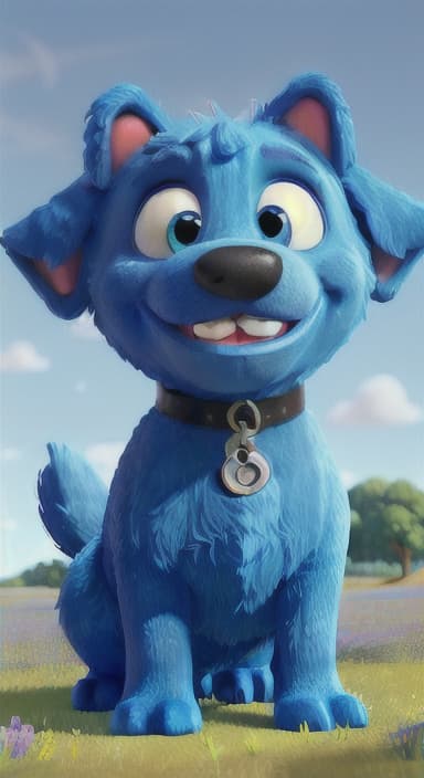  {A happy, big blue dog wagging its tail in a colorful meadow, The big blue dog is large with sky blue fur, big round eyes, a black nose, and floppy ears.