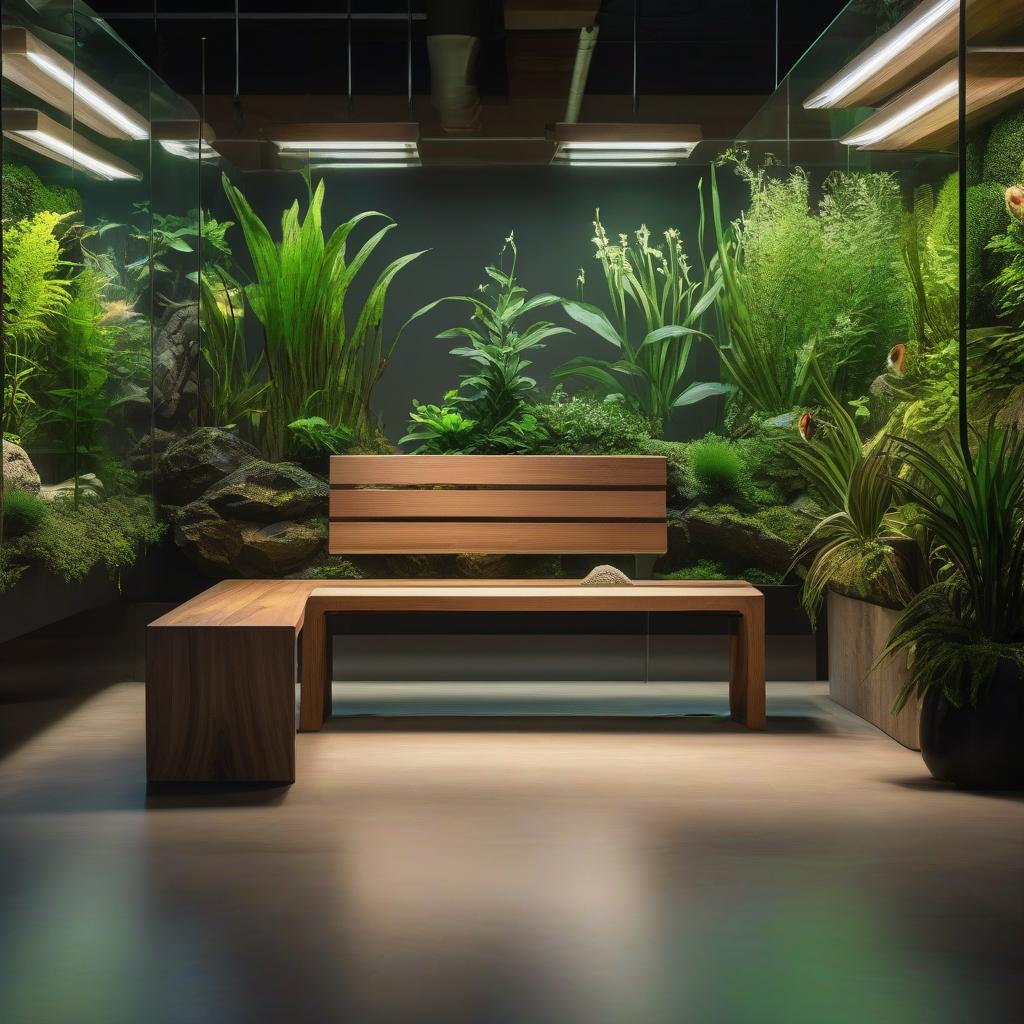  A wooden bench with a backrest, upholstered, design a modern style, with two ends placed two shelves where aquariums are located with plants inside. hyperrealistic, full body, detailed clothing, highly detailed, cinematic lighting, stunningly beautiful, intricate, sharp focus, f/1. 8, 85mm, (centered image composition), (professionally color graded), ((bright soft diffused light)), volumetric fog, trending on instagram, trending on tumblr, HDR 4K, 8K