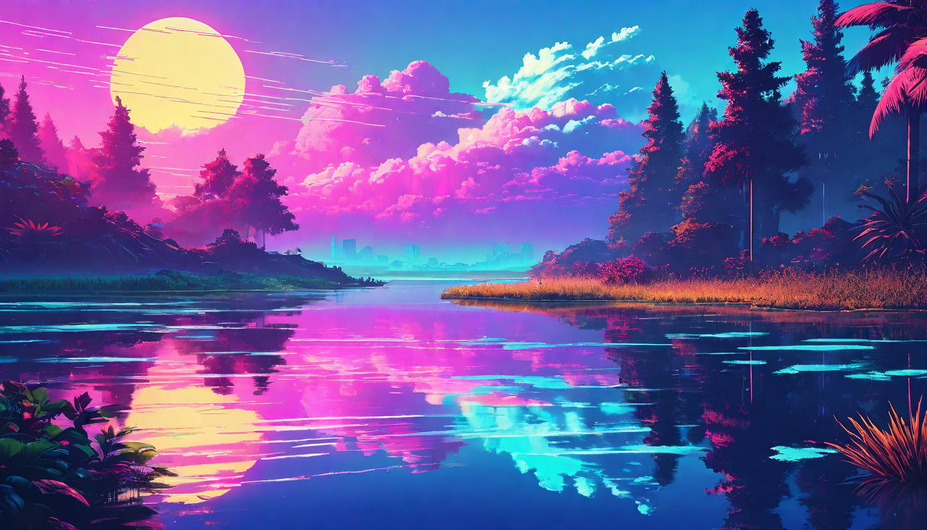  vaporwave,cyberpunk game style A single ripple expanding across a tranquil pond, metaphor for influence, shimmering surface reflects the dawn sky, ripples symbolize transformation, serene, potentialeon, dystopian, futuristic, digital, vibrant, detailed, high contrast, reminiscent of cyberpunk genre video games,retro aesthetic, cyberpunk, vibrant, neon colors, vintage 80s and 90s style, highly detailed