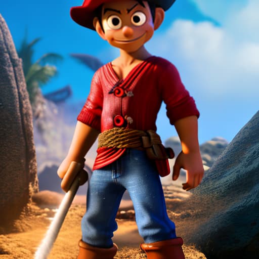 modern disney style monkey d luffy in Disney 3d movie style hyperrealistic, full body, detailed clothing, highly detailed, cinematic lighting, stunningly beautiful, intricate, sharp focus, f/1. 8, 85mm, (centered image composition), (professionally color graded), ((bright soft diffused light)), volumetric fog, trending on instagram, trending on tumblr, HDR 4K, 8K