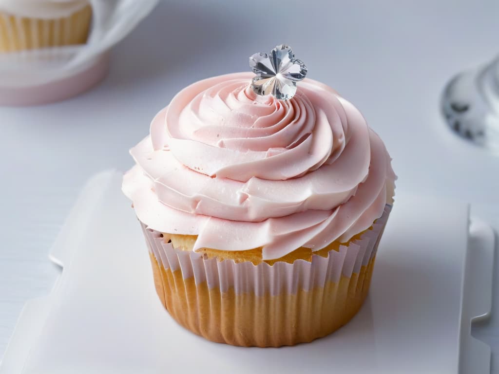  A closeup, ultrahighresolution image of a delicate, perfectly frosted cupcake with a single sugar crystal glistening on top. The frosting is a soft pastel pink, elegantly swirled, atop a moist and fluffy cake. The cupcake sits on a clean, white porcelain plate with subtle, soft shadows adding depth to the image. The focus is sharp, capturing every tiny detail of the cupcake's texture and the light reflecting off the sugar crystal. hyperrealistic, full body, detailed clothing, highly detailed, cinematic lighting, stunningly beautiful, intricate, sharp focus, f/1. 8, 85mm, (centered image composition), (professionally color graded), ((bright soft diffused light)), volumetric fog, trending on instagram, trending on tumblr, HDR 4K, 8K