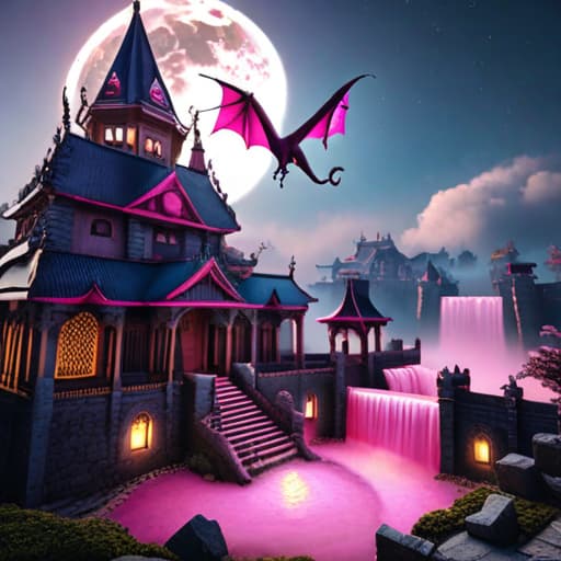  Make me a mid evil castle colors pink with a pink dragon flying in the air and have the moon be bright hyperrealistic, full body, detailed clothing, highly detailed, cinematic lighting, stunningly beautiful, intricate, sharp focus, f/1. 8, 85mm, (centered image composition), (professionally color graded), ((bright soft diffused light)), volumetric fog, trending on instagram, trending on tumblr, HDR 4K, 8K