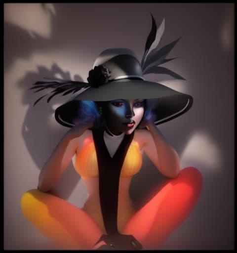  a colorfully presented, 3d picture of A woman in a hat with features who is sitting on the ground, with a black body, and a white face, shadow reflecting, , hyperrealistic, high quality, highly detailed, perfect lighting, intricate, sharp focus, f/1. 8, 85mm, (centered image composition), (professionally color graded), ((bright soft diffused light)), trending on instagram, HDR 4K, 8K