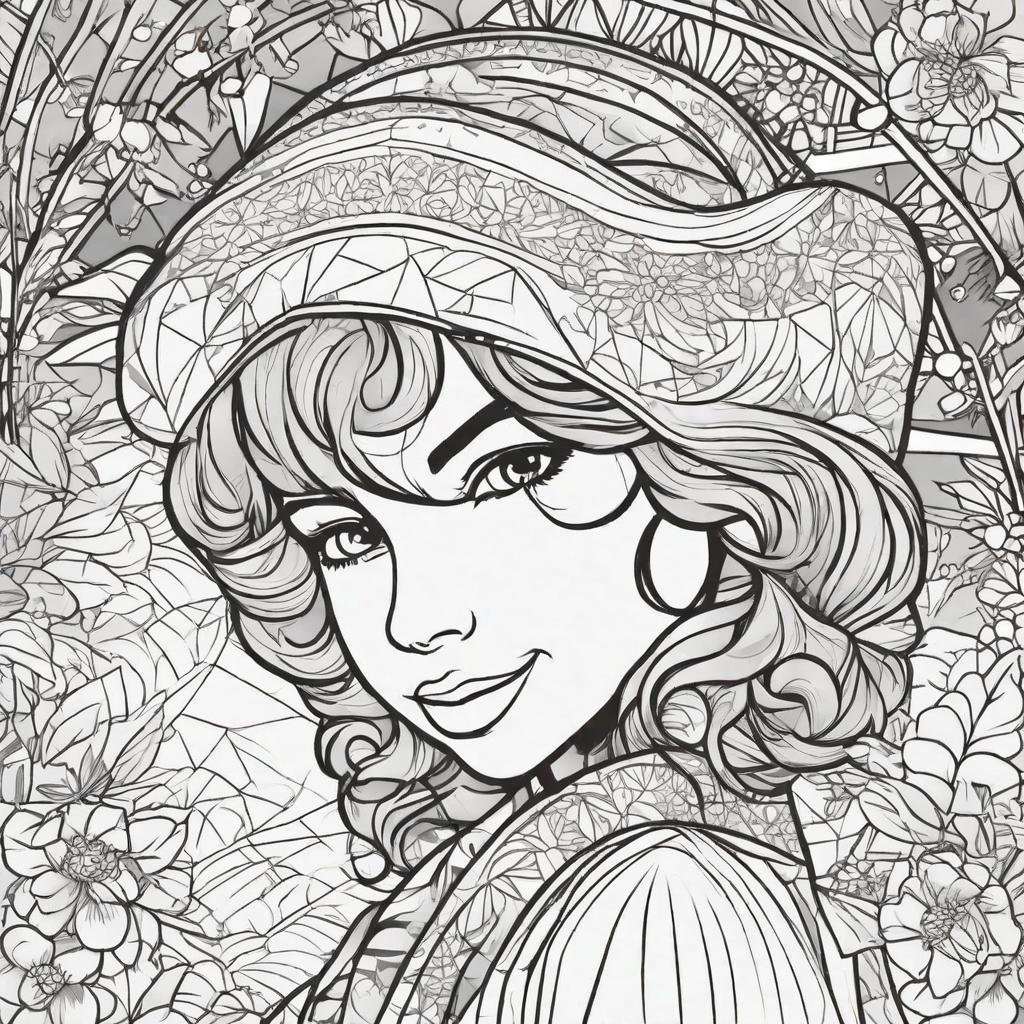  in a coloring book style, A girl with opened hair, a giving a cheerful smile with beautiful eyes and face expression.