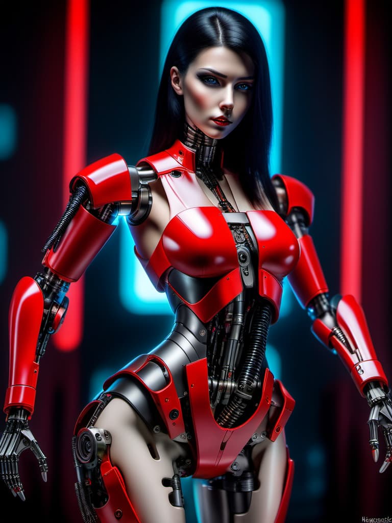  androidwoman, mechanical parts, sensualrobot, humanlike cyborg, (fembody), (bionicarm), (glowingeffects), (red lights), (sexyoutfit), (leatherclothing), (highheels), blackhair, smokyeyes, posing, (masterpiece, high quality, best quality:1.3), Detailed