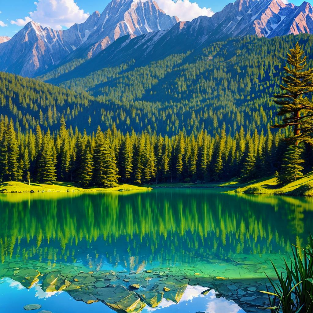  as a painting, Convey the serene majesty of towering mountains reflected in the crystal-clear waters of a tranquil alpine lake, using your unique artistic vision to evoke a sense of awe and tranquility.