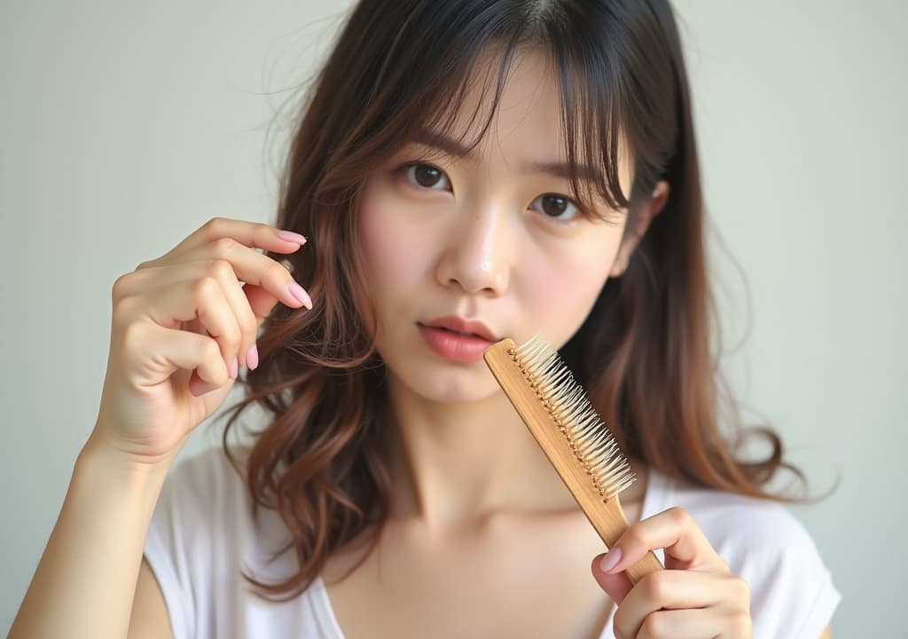  good quality, high quality, stress asian young woman, girl hand holding comb show her hairbrush with loss, hair in brush after brushing, hair fall out problem. health care, beauty with treatment concept, isolated on background.