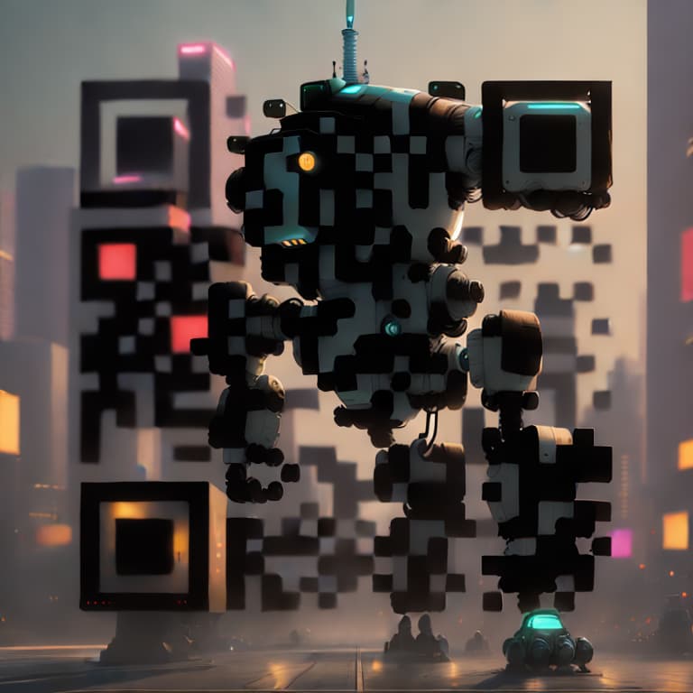  a robot, a city as blurry background