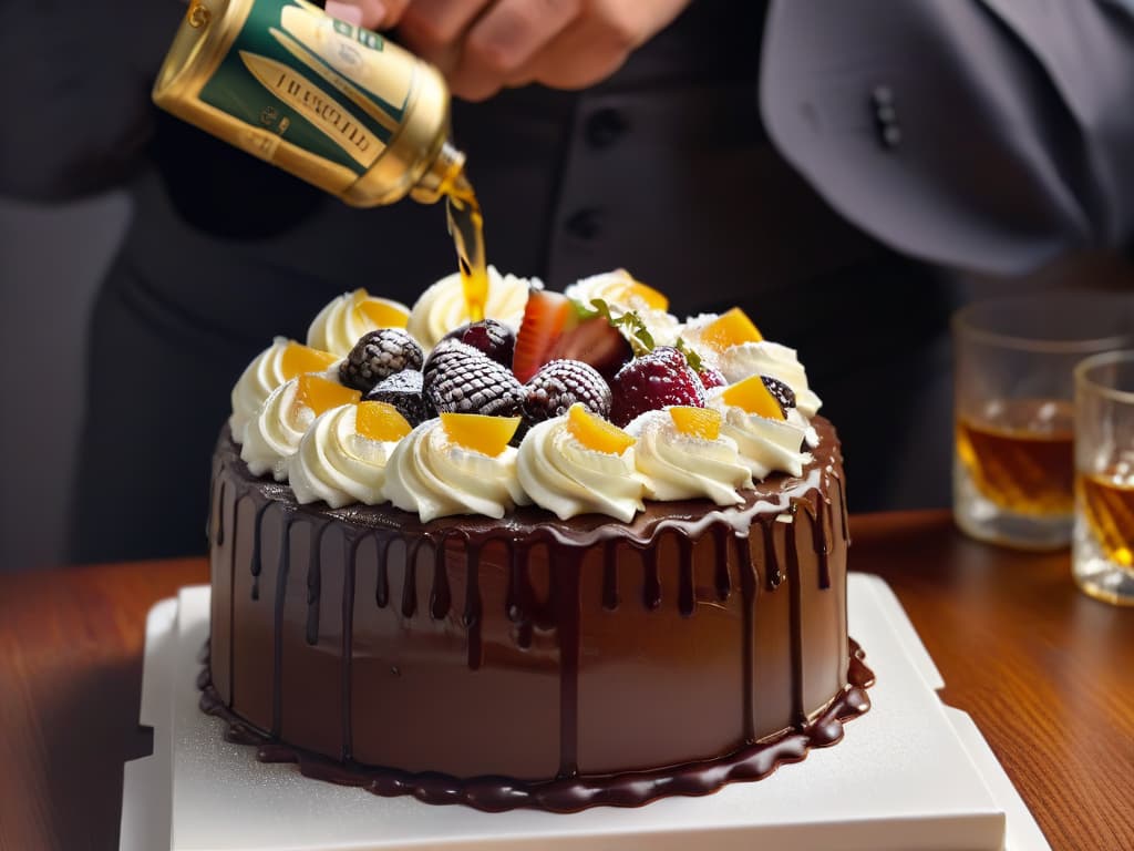  A closeup, photorealistic image of a luxurious chocolate cake being drizzled with a rich, velvety dark rum sauce. The sauce cascades down the sides of the cake, glistening under warm lighting to highlight its decadent texture and the intricate details of the cake's frosting. The background features a blurredout assortment of premium liquor bottles, adding a touch of sophistication and elegance to the scene. hyperrealistic, full body, detailed clothing, highly detailed, cinematic lighting, stunningly beautiful, intricate, sharp focus, f/1. 8, 85mm, (centered image composition), (professionally color graded), ((bright soft diffused light)), volumetric fog, trending on instagram, trending on tumblr, HDR 4K, 8K