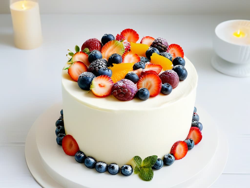  A highresolution, minimalist image of a beautifully decorated vegan cake with vibrant fresh fruits on top, sitting on a sleek, modern cake stand against a clean, white background. The cake is intricately layered with fluffy vegan frosting and garnished with colorful edible flowers, creating an elegant and appetizing display that perfectly embodies the essence of delicious vegan pastries. hyperrealistic, full body, detailed clothing, highly detailed, cinematic lighting, stunningly beautiful, intricate, sharp focus, f/1. 8, 85mm, (centered image composition), (professionally color graded), ((bright soft diffused light)), volumetric fog, trending on instagram, trending on tumblr, HDR 4K, 8K