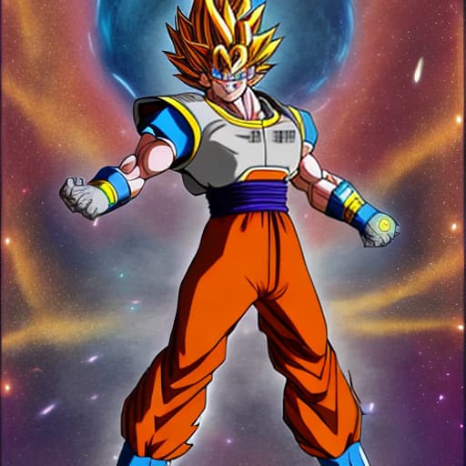 mdjrny-v4 style In Goku's "Ethereal Ascendant" form, his hair turns radiant silver, eyes become sapphire blue with an ethereal shimmer, and his aura shimmers with cosmic colors. He gains powers such as manipulating celestial energy to create barriers and unique energy waves, and temporal perception, allowing precise anticipation of opponents' moves. This unique transformation connects him to the universe, symbolized by the seven Dragon Balls that orbit his back, granting him unparalleled abilities.