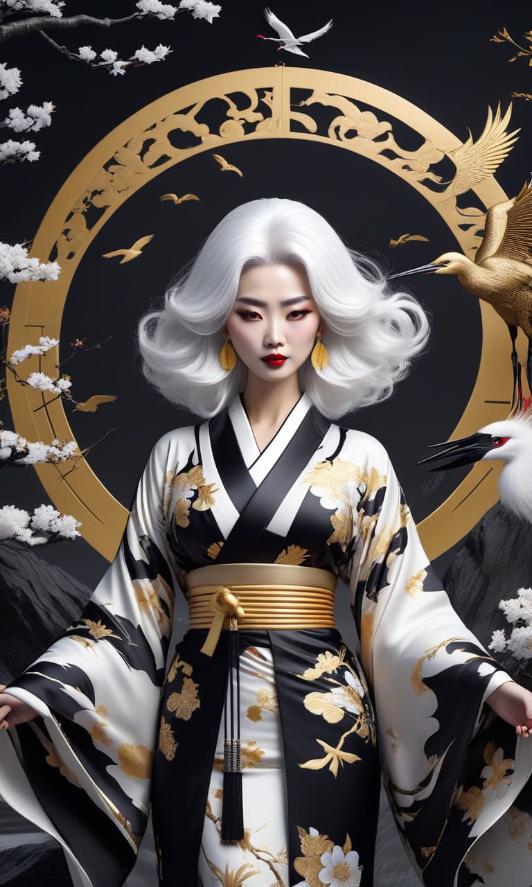  A Japanese woman with snow white hair in a black and white kimono decorated with golden elements and a crane pattern on her clothing. Beautiful, expressive features, clear quality, background the Japanese moon temple, where a crane's nest is located. hyperrealistic, full body, detailed clothing, highly detailed, cinematic lighting, stunningly beautiful, intricate, sharp focus, f/1. 8, 85mm, (centered image composition), (professionally color graded), ((bright soft diffused light)), volumetric fog, trending on instagram, trending on tumblr, HDR 4K, 8K