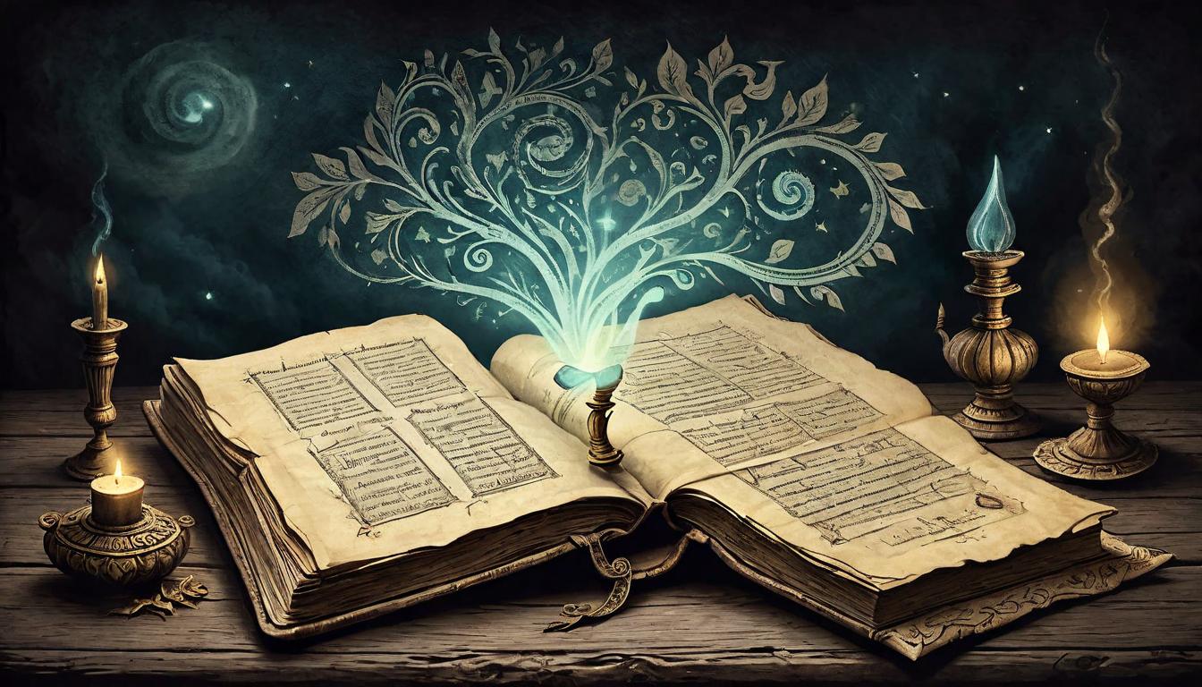  on parchment, surrealism+++, An ancient, worn book with ornate cover, open on a dark wooden table, pages glowing with knowledge, mystical, wise(mysterious, provocative, symbolic,muted color)+++