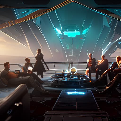 arcane style generate an image of the Argo II crew chilling on the ship hyperrealistic, full body, detailed clothing, highly detailed, cinematic lighting, stunningly beautiful, intricate, sharp focus, f/1. 8, 85mm, (centered image composition), (professionally color graded), ((bright soft diffused light)), volumetric fog, trending on instagram, trending on tumblr, HDR 4K, 8K