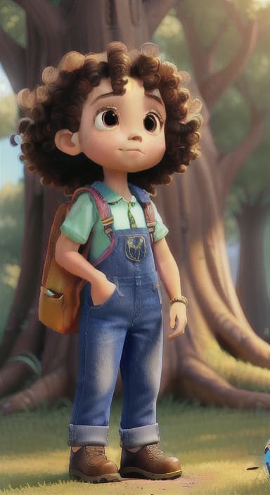  {The tree shining brightly and releasing a gentle, magical light., Riley, a curious with big brown eyes and curly hair, wearing overalls and carrying a small backpack. Their friend, Skye, a bluebird with shiny feathers.