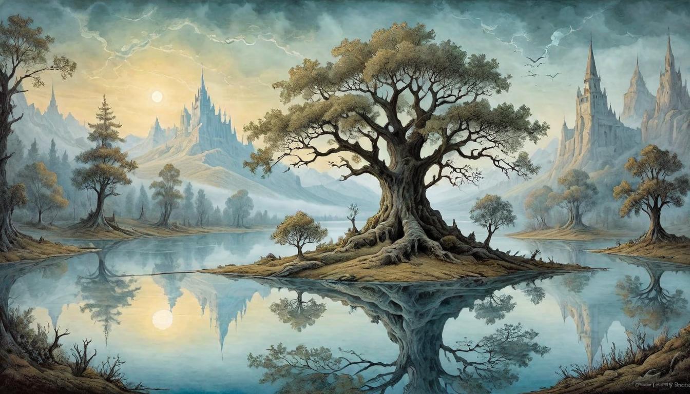  on parchment, surrealism+++, Mirrored lakes reflecting a tree at dawn, symbol of forgiveness and its reflective power, serenity, renewal(mysterious, provocative, symbolic,muted color)+++