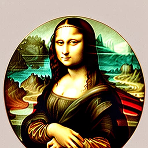  The Mona Lisa holding a white plate of fine dark chocolate candy pieces in her hands. Enlarged background. Painted in the style of Leonardo Da Vinci.