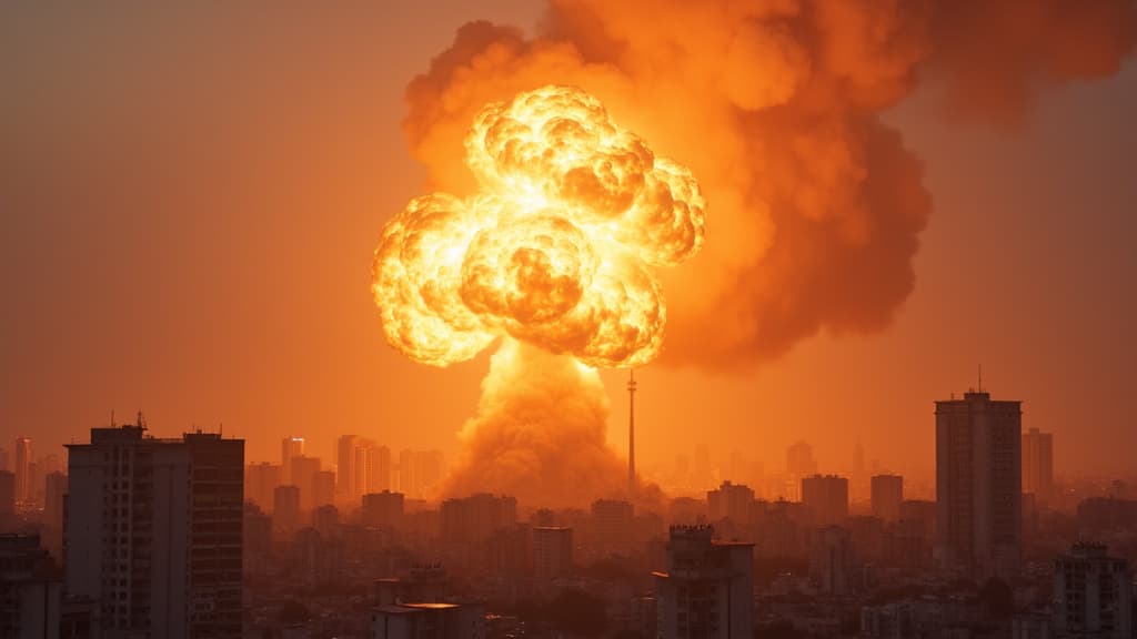  good quality, high quality, a dramatic scene showing a large explosion over an urban cityscape during sunset, capturing the power and intensity with fiery brilliance and vast destruction.