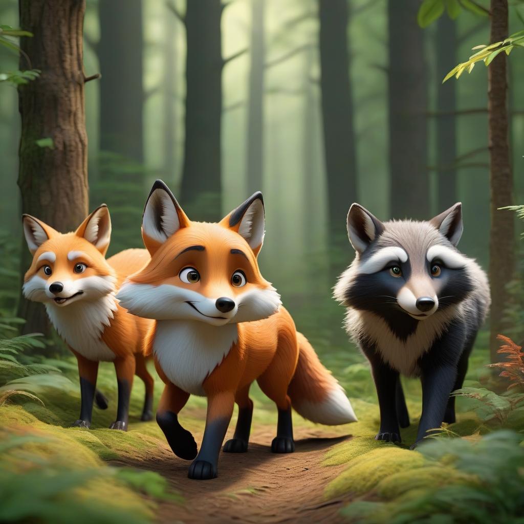  concept art A cartoon fox, a wolf, a deer, and a badger are strolling through the forest. . digital artwork, illustrative, painterly, matte painting, highly detailed hyperrealistic, full body, detailed clothing, highly detailed, cinematic lighting, stunningly beautiful, intricate, sharp focus, f/1. 8, 85mm, (centered image composition), (professionally color graded), ((bright soft diffused light)), volumetric fog, trending on instagram, trending on tumblr, HDR 4K, 8K