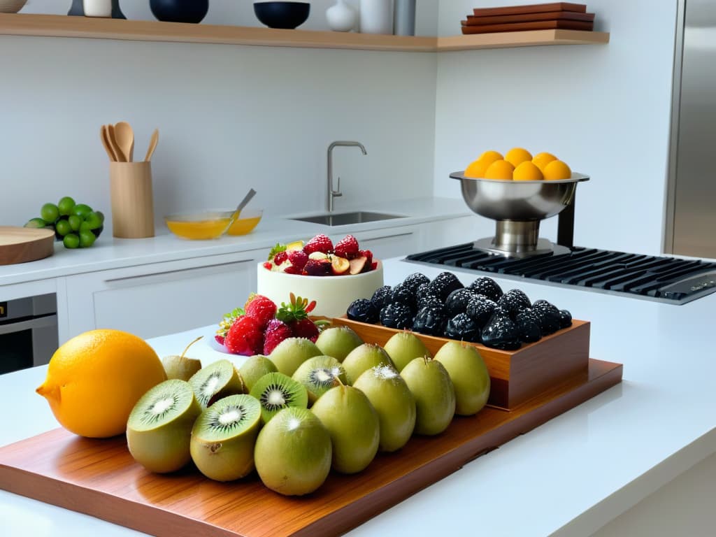  A highresolution image of a serene, modern kitchen filled with natural light, featuring a sleek marble countertop adorned with an array of vibrant, fresh fruits like berries, kiwis, and citrus fruits. In the background, a set of elegant, polished stainless steel baking utensils are neatly arranged on a wooden shelf, with a stack of cookbooks showcasing healthy dessert recipes. The overall aesthetic is clean, bright, and inviting, embodying the essence of a professional and inspirational setting for crafting delicious and guiltfree pastries. hyperrealistic, full body, detailed clothing, highly detailed, cinematic lighting, stunningly beautiful, intricate, sharp focus, f/1. 8, 85mm, (centered image composition), (professionally color graded), ((bright soft diffused light)), volumetric fog, trending on instagram, trending on tumblr, HDR 4K, 8K