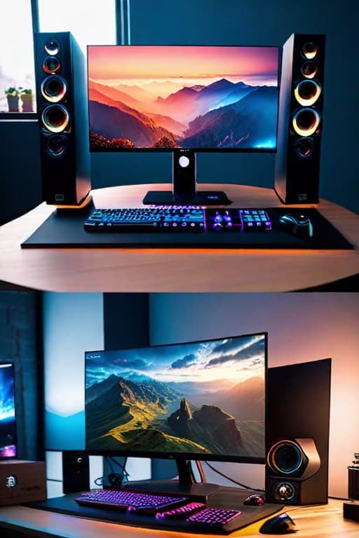  A gaming setup worth $1 hyperrealistic, full body, detailed clothing, highly detailed, cinematic lighting, stunningly beautiful, intricate, sharp focus, f/1. 8, 85mm, (centered image composition), (professionally color graded), ((bright soft diffused light)), volumetric fog, trending on instagram, trending on tumblr, HDR 4K, 8K