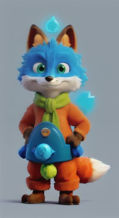  {Error the fox pressing the blue button with his paw, looking puzzled as nothing occurs., Error is a small, bright orange fox with a fluffy tail and big, inquisitive eyes. He has a mischievous yet kind expression and wears a tiny green scarf.