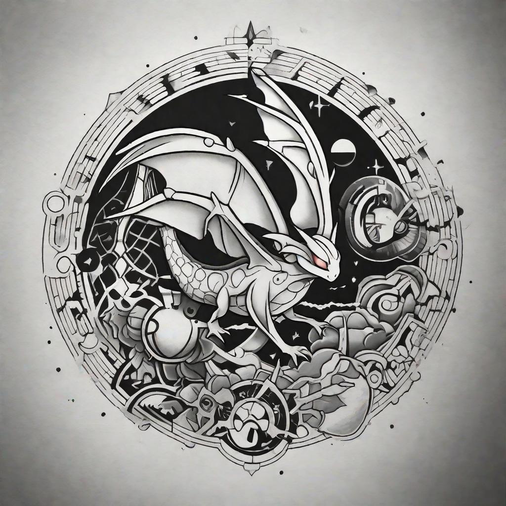  masterpiece, best quality, Black and grey half sleeve tattoo design, with a circle removed from the front of the shoulder. The designer should include 2 pokemon cards crobat and dragonite. The symbols for Aquarius and the numbers 3,6,13 and 15 in the back and middle ground with 6 being highlighted.