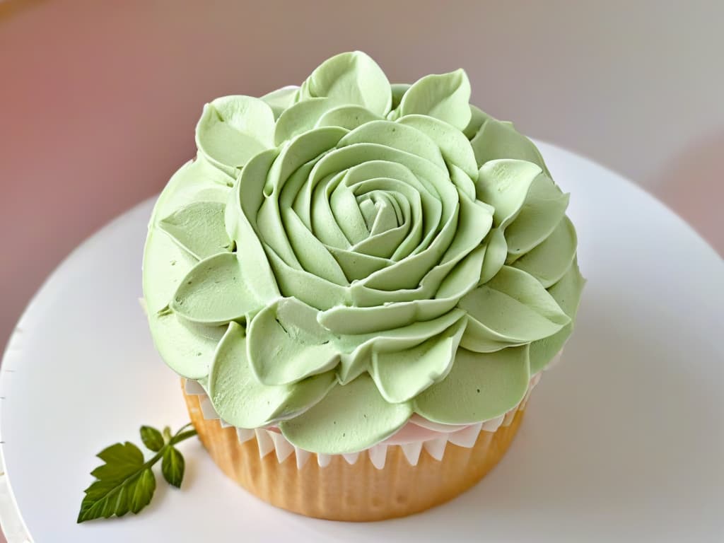  A closeup, highresolution image of a delicate, intricately piped buttercream flower on a pastel pink frosted cupcake. The focus is on the fine details of the petals and leaves, showcasing the skill and precision of the pastry chef. The background is softly blurred to keep the minimalistic aesthetic, with the only colors being the pastel pink and green of the cupcake and the white of the buttercream flower. hyperrealistic, full body, detailed clothing, highly detailed, cinematic lighting, stunningly beautiful, intricate, sharp focus, f/1. 8, 85mm, (centered image composition), (professionally color graded), ((bright soft diffused light)), volumetric fog, trending on instagram, trending on tumblr, HDR 4K, 8K