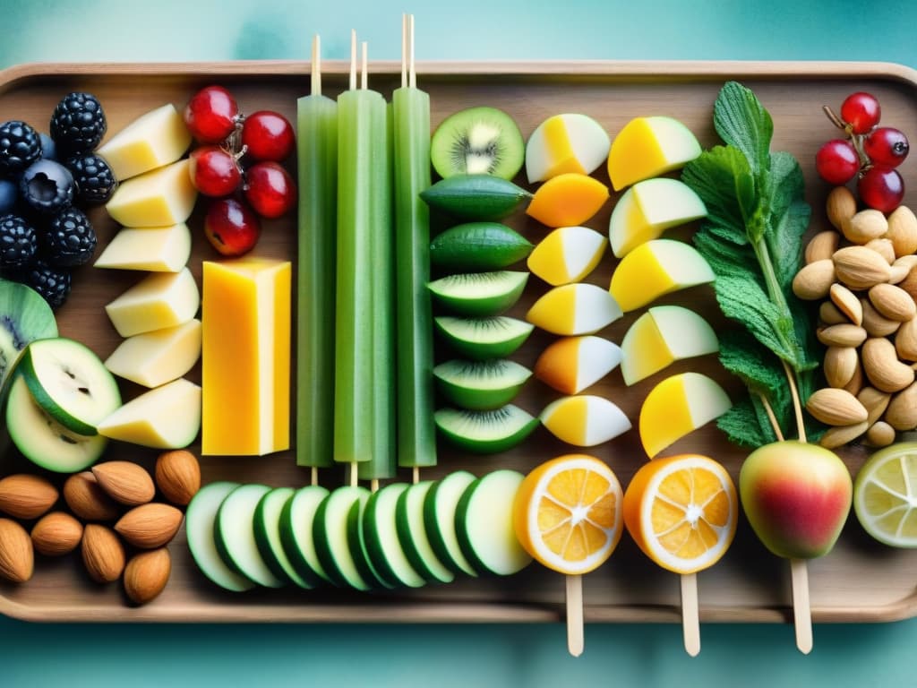  An ultradetailed watercolor painting of a vibrant assortment of healthy snacks such as colorful fruit skewers, crisp vegetable crudites, and assorted nuts arranged artfully on a wooden board. The watercolor technique highlights the freshness and natural beauty of the snacks, with intricate details showcasing the textures of each item, from the glistening droplets on the fruits to the intricate patterns on the nuts. The colors are rich and inviting, conveying a sense of health and vitality that perfectly captures the essence of the competition theme. hyperrealistic, full body, detailed clothing, highly detailed, cinematic lighting, stunningly beautiful, intricate, sharp focus, f/1. 8, 85mm, (centered image composition), (professionally color graded), ((bright soft diffused light)), volumetric fog, trending on instagram, trending on tumblr, HDR 4K, 8K