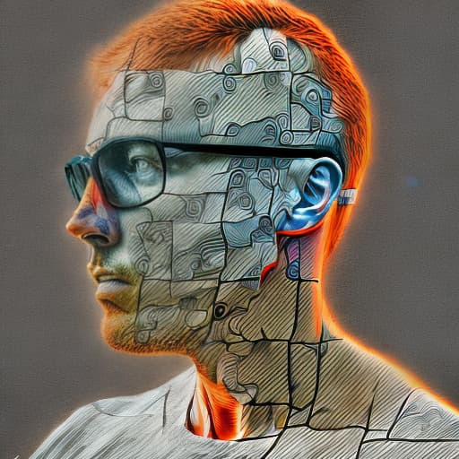 dublex style on A4 paper a drawing, a man wearing glasses, hand holding pencil over the paper, halfly colored drawing that looks like puzzle pieces, contrasted