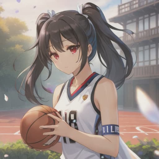  anime girl black hair bright dark brown eyes red and white basketball uniform with the number 18 and the name Nicky white and black shoes Have your hair in a medium high ponytail with two strands on the sides of your ears, have a basketball and look full body Pastel Palette, Da Vinci's Dreams, Picasso's , Sunrise Splendors, Floral Fantasy, Mystical Moonscapes, Urban Nature, Crystal Clear, Cinematic hyperrealistic, full body, detailed clothing, highly detailed, cinematic lighting, stunningly beautiful, intricate, sharp focus, f/1. 8, 85mm, (centered image composition), (professionally color graded), ((bright soft diffused light)), volumetric fog, trending on instagram, trending on tumblr, HDR 4K, 8K