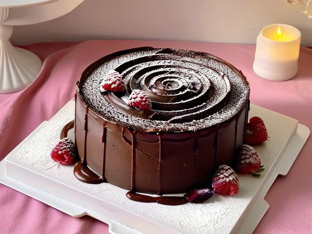  A highresolution, minimalist image of a decadent chocolate cake, perfectly baked and topped with fresh raspberries and a dusting of powdered sugar, placed on a sleek, modern marble cake stand. The cake is elegantly decorated with intricate chocolate swirls and delicate edible flowers, creating a visually stunning and appetizing centerpiece. The lighting is soft and diffused, highlighting the rich colors and textures of the dessert, while the background remains simple and unobtrusive to emphasize the cake's exquisite details. hyperrealistic, full body, detailed clothing, highly detailed, cinematic lighting, stunningly beautiful, intricate, sharp focus, f/1. 8, 85mm, (centered image composition), (professionally color graded), ((bright soft diffused light)), volumetric fog, trending on instagram, trending on tumblr, HDR 4K, 8K