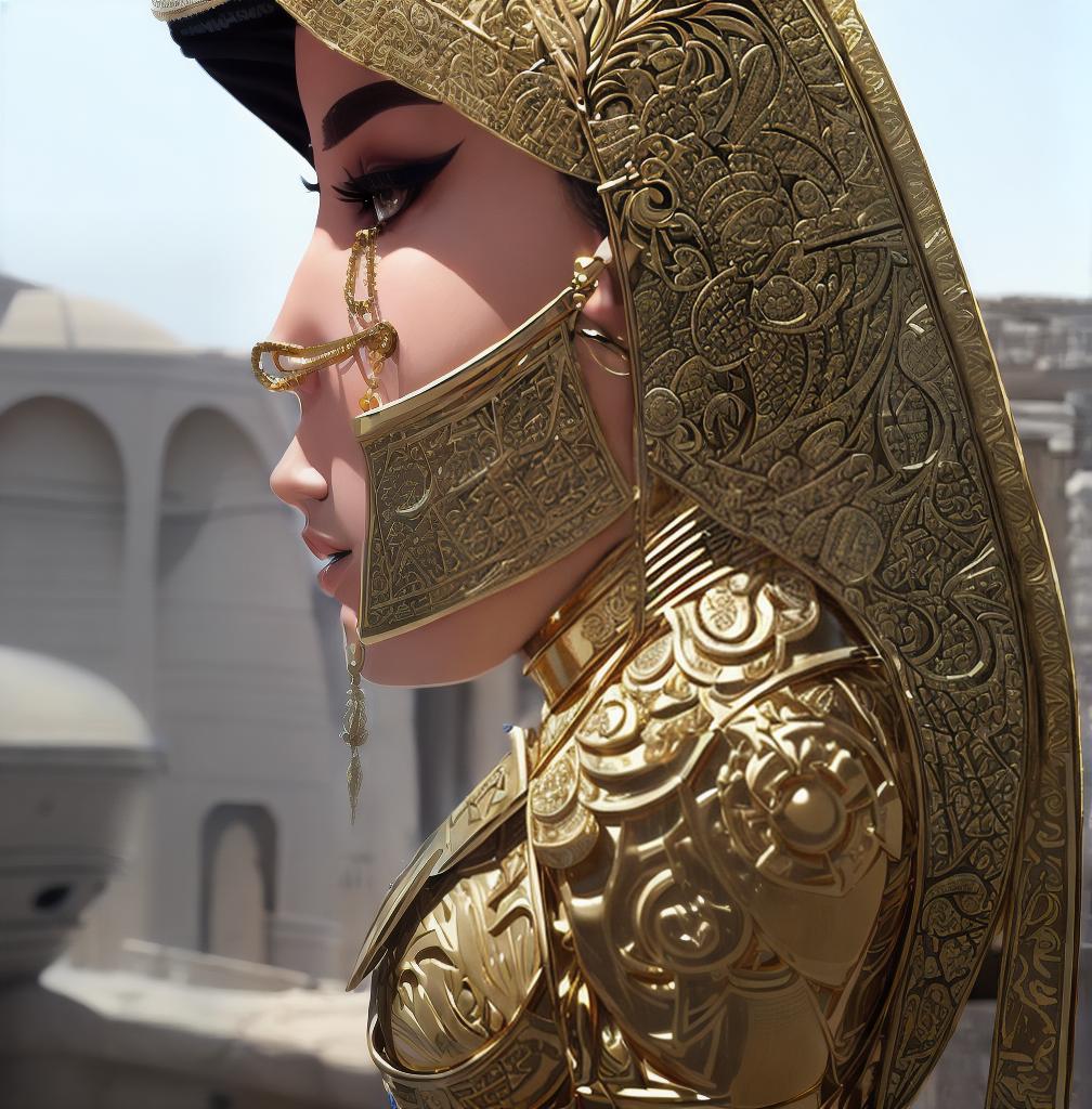  ((Side view:1.8)), ((masterpiece)),(((best quality))), ((futuristic empress, mature face, ((middle eastern eyes:1.4)), ((gold futuristic gown)), (((intricate futuristic breastplate))),