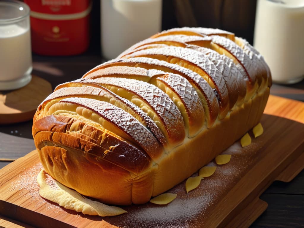  An ultradetailed closeup image of a perfectly braided golden loaf of homemade pan dulce dusted with powdered sugar, sitting on a rustic wooden cutting board. The bread's surface glistens under a soft warm light, showcasing intricate details of the braiding pattern and a slight dusting of sugar. The wooden board's texture and natural grain are visible, adding a touch of warmth and authenticity to the image. hyperrealistic, full body, detailed clothing, highly detailed, cinematic lighting, stunningly beautiful, intricate, sharp focus, f/1. 8, 85mm, (centered image composition), (professionally color graded), ((bright soft diffused light)), volumetric fog, trending on instagram, trending on tumblr, HDR 4K, 8K