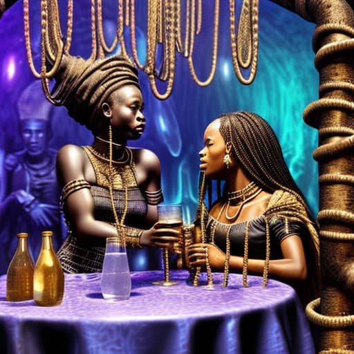  Alice and a African girl dressed in chains having a drink at a wild drinking party, stable diffusion, absolute reality v1.6, in the style of hr giger