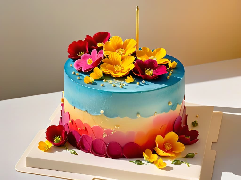  A vibrant, minimalist image of a beautifully decorated cake with layers of colorful frosting in gradient shades, topped with delicate edible flowers and gold leaf accents. The background is a soft, outoffocus blur to make the cake stand out as the focal point, showcasing the perfect balance of flavors and colors in pastry art. hyperrealistic, full body, detailed clothing, highly detailed, cinematic lighting, stunningly beautiful, intricate, sharp focus, f/1. 8, 85mm, (centered image composition), (professionally color graded), ((bright soft diffused light)), volumetric fog, trending on instagram, trending on tumblr, HDR 4K, 8K