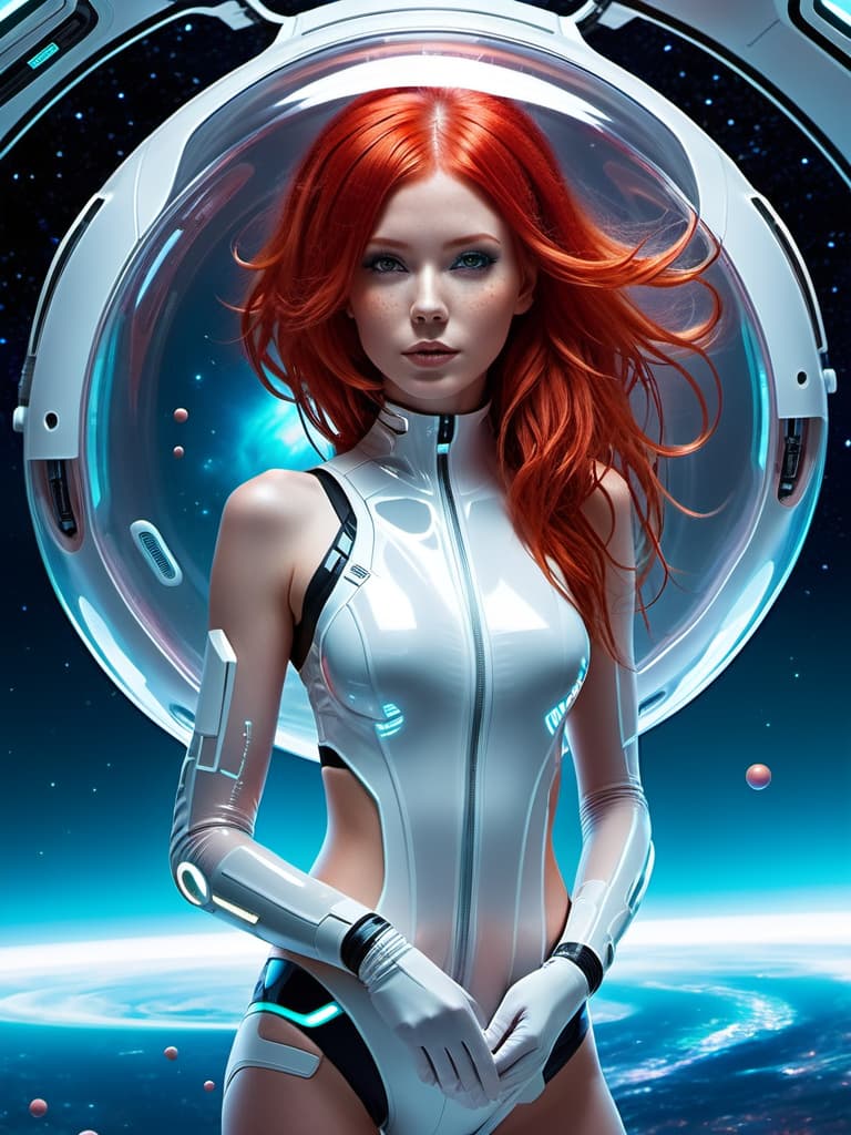  sci-fi style "Girl with red hair, in a vacuum pack from which air has been removed" . futuristic, technological, alien worlds, space themes, advanced civilizations