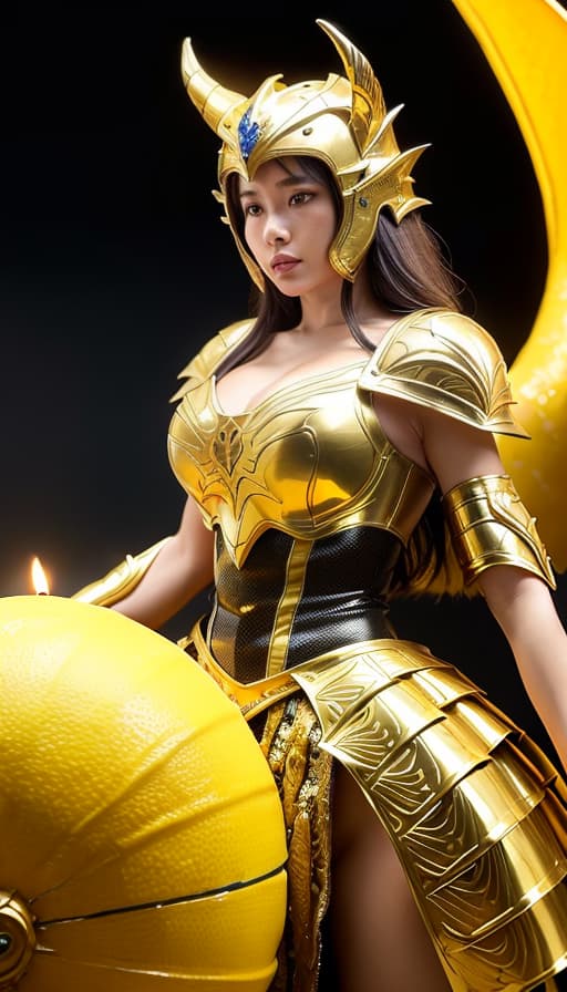  (((The form and characteristics of dragons, the armor of dragon totems)))(((The lemon yellow underworld warrior armor in the Japanese anime "Saint Seiya" has a lemon yellow metallic luster, covering the helmet with only a beautiful face. The golden hair slopes down like a waterfall from behind the helmet, and there are a pair of huge lemon yellow metal antelope horns and exquisite carvings on the left and right sides of the helmet. The huge shoulder armor extends outward, with a multi level structure and exquisite pattern structures on the edges. The lemon yellow metal trunk armor structure is very special, with exquisite pattern design. The arms and palms are covered with lemon yellow metal armor and gorgeous decorative carvings. The thigh