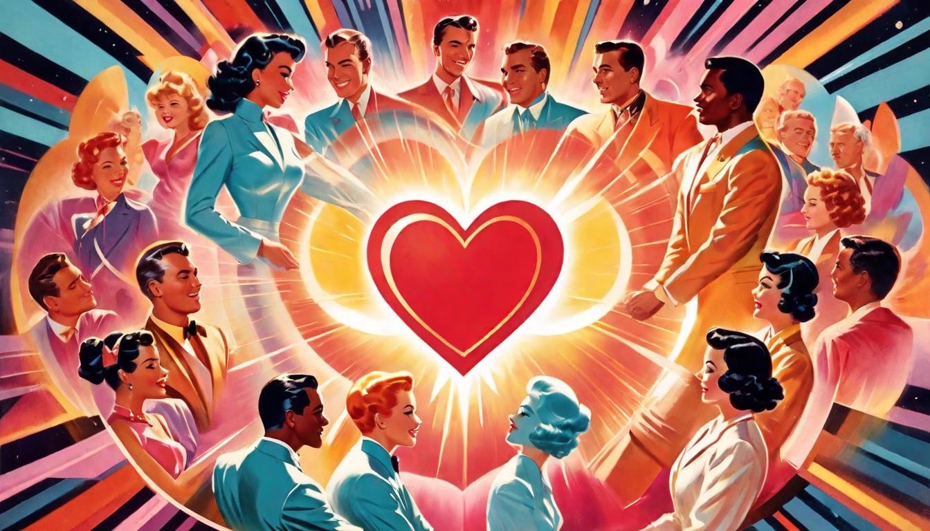  retro futuristic Hearts linking arms, varied skin tones, in circle, healing energy radiating, community, warmth, embrace lvintage sci fi, 50s and 60s style, atomic age, vibrant, highly detailed