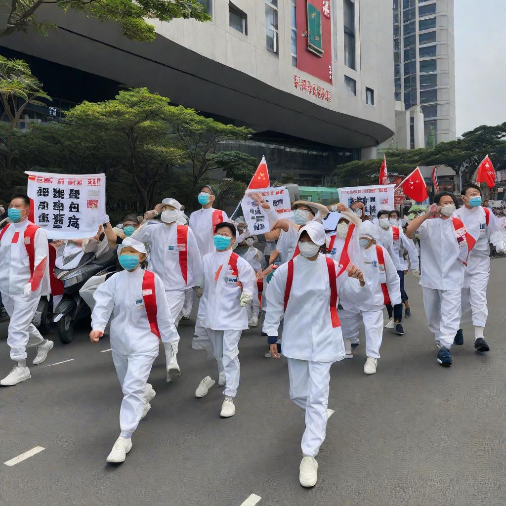  In the heart of Taiwan, a fierce protest is unfolding, with Taiwanese in medical suits gathering with expressions of determination and conviction and holding banners condemning unfair policies. The scene exudes a sense of urgency and unity, reflecting the diverse voices of the Taiwanese people against the backdrop of Taiwan's iconic landmarks