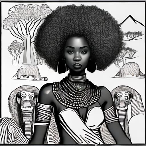  Draw me a very simple drawing or picture of a African woman with a Afro and the continent of Africa and animals! Draw something that will shook people and make easy for me to draw and add colors