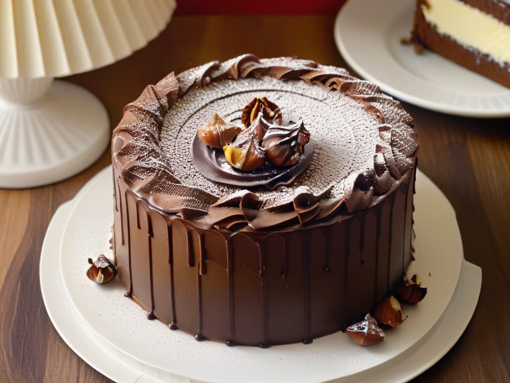  A closeup, ultradetailed image of a rich, decadent slice of chocolate and hazelnut cake, with layers of moist chocolate sponge, silky hazelnut cream, and topped with finely chopped hazelnuts and delicate chocolate shavings. The cake sits on a pristine white plate, adorned with a single elegant hazelnut on the side, against a softfocus background that subtly highlights the luxurious texture and intricate layers of the dessert. hyperrealistic, full body, detailed clothing, highly detailed, cinematic lighting, stunningly beautiful, intricate, sharp focus, f/1. 8, 85mm, (centered image composition), (professionally color graded), ((bright soft diffused light)), volumetric fog, trending on instagram, trending on tumblr, HDR 4K, 8K