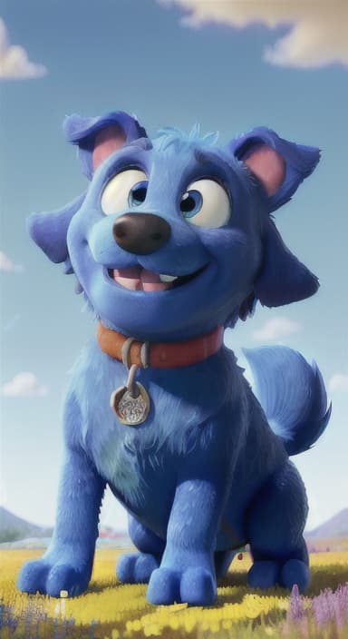  {A happy, big blue dog wagging its tail in a colorful meadow, The big blue dog is large with sky blue fur, big round eyes, a black nose, and floppy ears.