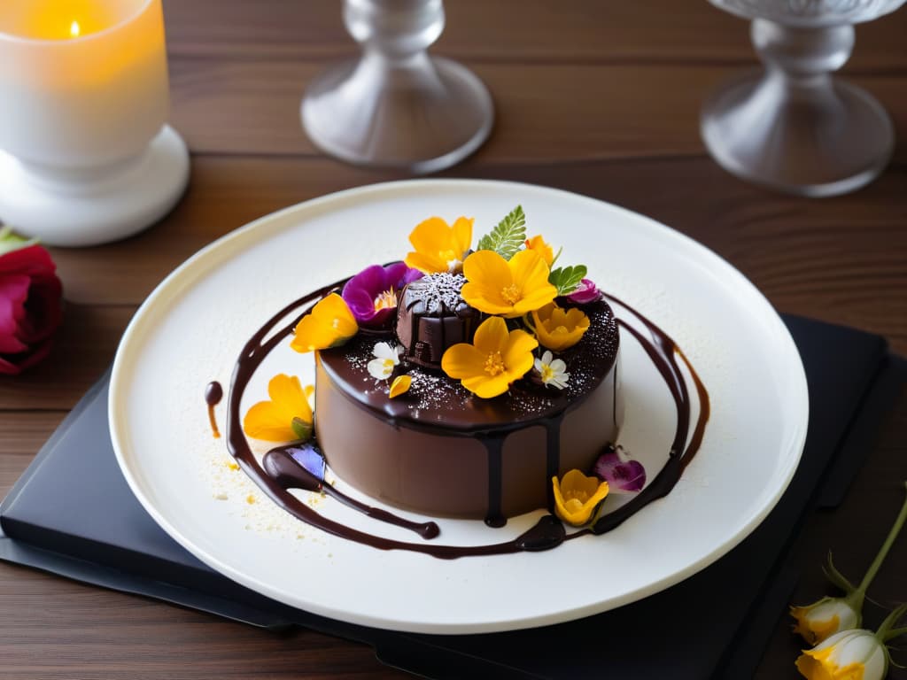  An ultradetailed, highresolution image of a sleek, minimalist chocolate dessert adorned with delicate gold leaf, surrounded by vibrant edible flowers and presented on a modern, white porcelain plate. The dessert is elegantly drizzled with rich chocolate sauce, creating a visually stunning and sophisticated culinary masterpiece that perfectly captures the essence of the latest global trends in chocolate dessert decoration. hyperrealistic, full body, detailed clothing, highly detailed, cinematic lighting, stunningly beautiful, intricate, sharp focus, f/1. 8, 85mm, (centered image composition), (professionally color graded), ((bright soft diffused light)), volumetric fog, trending on instagram, trending on tumblr, HDR 4K, 8K