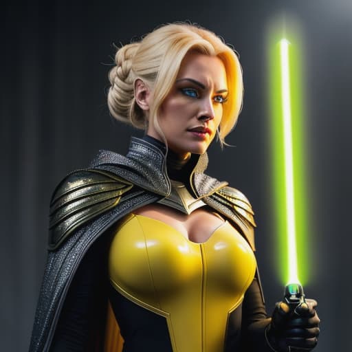  /send image blonde sith with yellow eyes and yellow lightsaber, black armorIn this new image, a stunning blonde sith stands in front of a dimly lit chamber. Her form is encased in alluring black armor that extends from her shoulders to cover her limbs and torso fully, with intricate designs etched upon it that shimmer under low light. A cloak cascades down from her shoulders, the fabric whispering gently as it trails along the ground behind her.Her eyes are intense yellow pools within her helmet's visor, brimming with confidence and an air of mystery. A sleek yellow-bladed lightsaber rests on the palm of her right hand, humming softly with power as its energy crackles subtly around the blade's edge. She carries herself gracefully, radiating hyperrealistic, full body, detailed clothing, highly detailed, cinematic lighting, stunningly beautiful, intricate, sharp focus, f/1. 8, 85mm, (centered image composition), (professionally color graded), ((bright soft diffused light)), volumetric fog, trending on instagram, trending on tumblr, HDR 4K, 8K